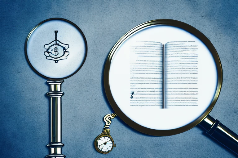 A magnifying glass hovering over a patent document with a symbol of a watch