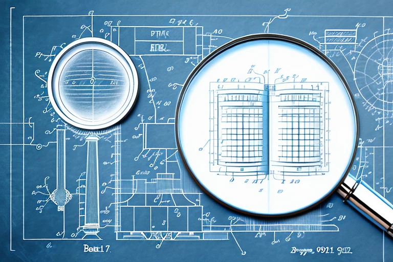 A magnifying glass hovering over a complex blueprint