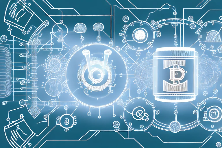 A digital marketplace with various symbolic icons representing intellectual property like a patent