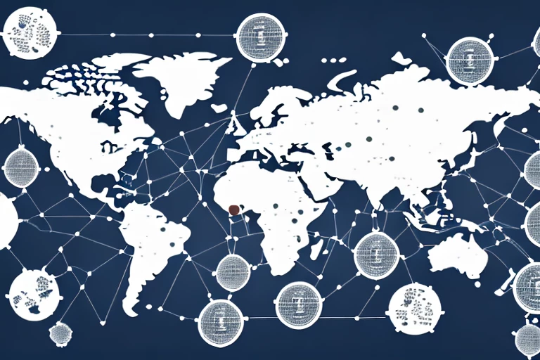 A global map with dotted lines connecting different countries