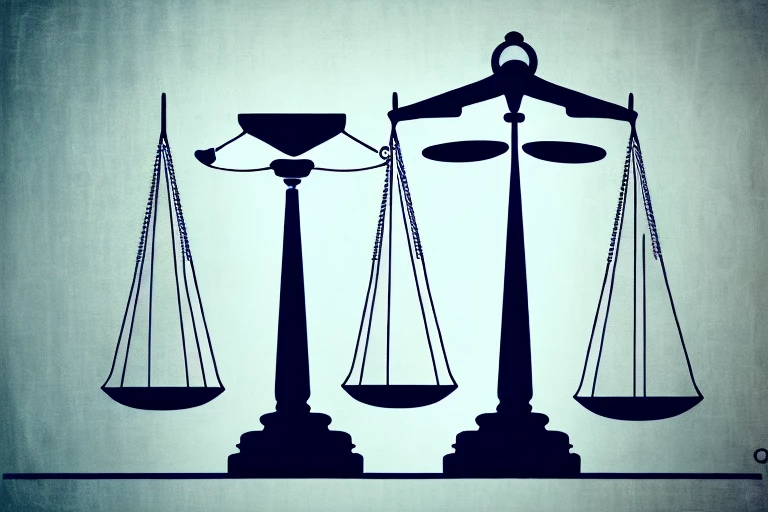 A balance scale where on one side there is a patent document and on the other side there are symbols of law (like a gavel or a justice statue)