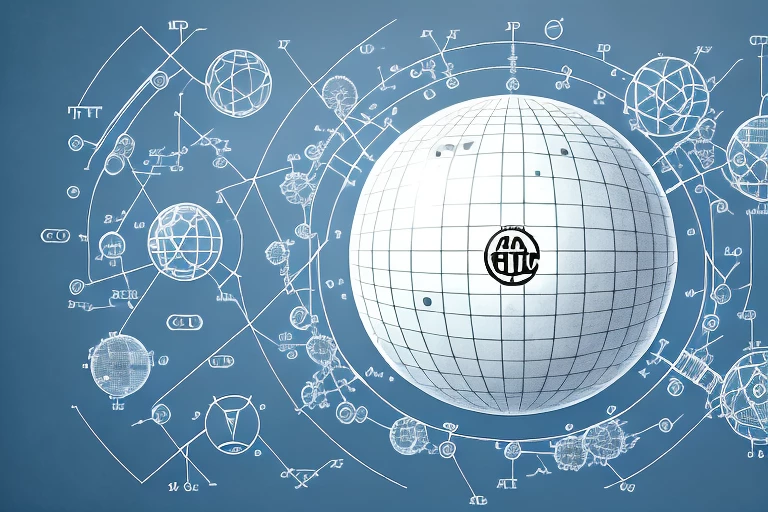 A globe surrounded by various intellectual property symbols like patent