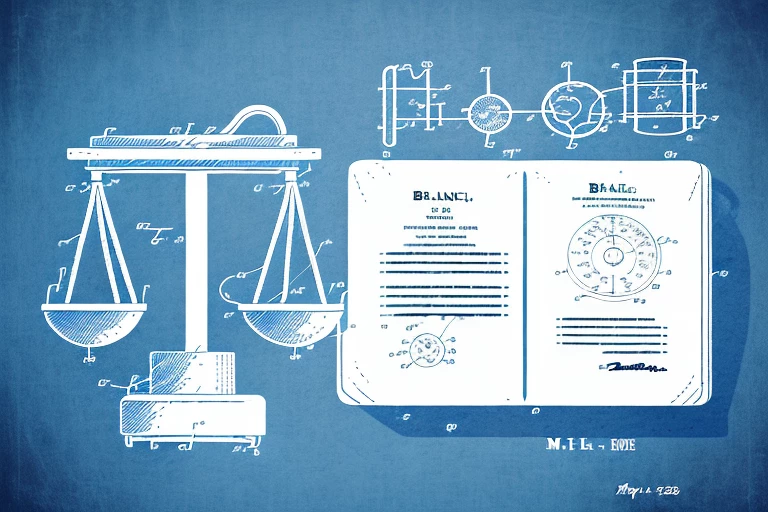 A balance scale with a patent document on one side