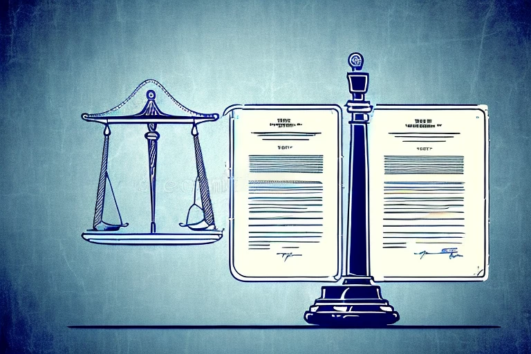 A balanced scale where one side holds a patent document and the other side holds the mpep book