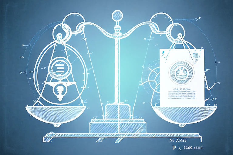 A balance scale with a patent document on one side and the mpep and patent bar symbols on the other