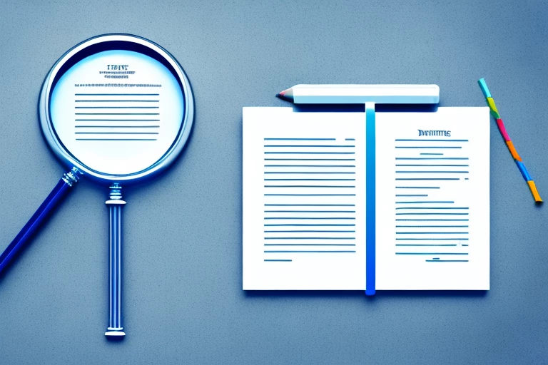 A magnifying glass hovering over a patent document with a pencil and a checklist next to it