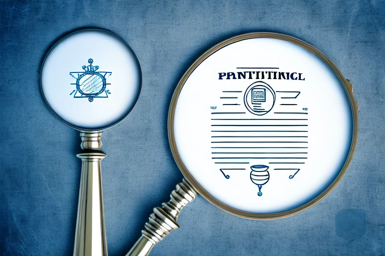 A magnifying glass hovering over a patent document with symbolic icons of a license