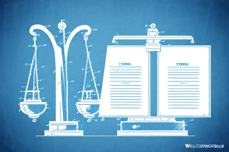 A balance scale with a patent document on one side and a stylized exam paper on the other