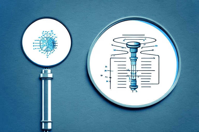 A magnifying glass hovering over a document filled with patent drawings and diagrams