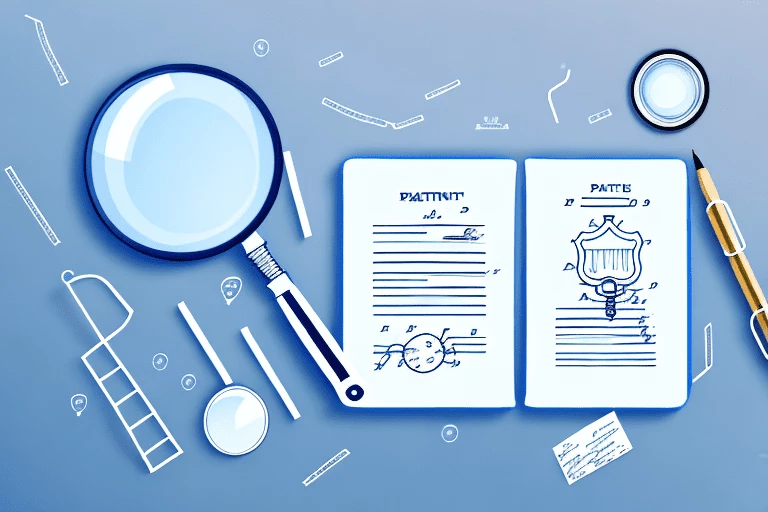 A stack of patent documents next to a graduation cap and a magnifying glass