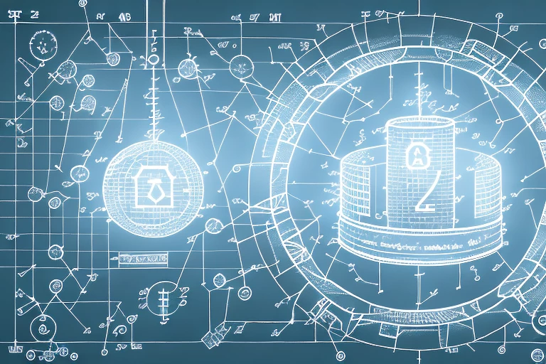 A symbolic representation of an agency building with a unique code on it and various intellectual property icons such as a lightbulb (for ideas)
