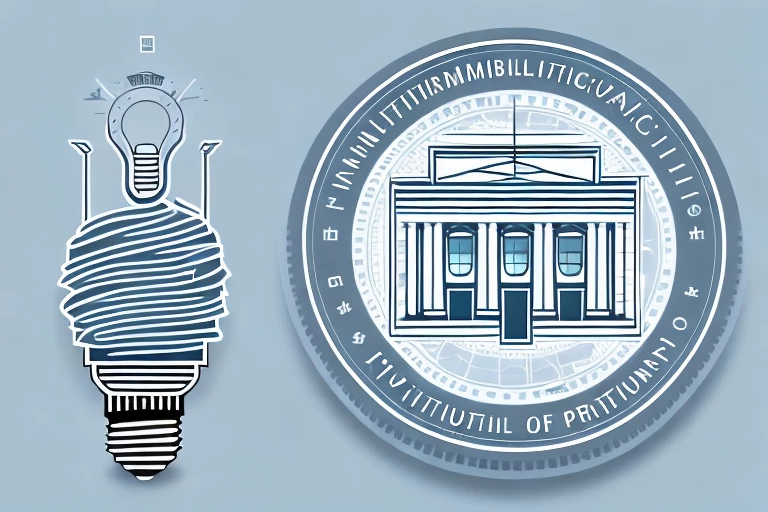 A government building with a symbolic representation of intellectual property (such as a light bulb or a patent icon) and a credentialing badge