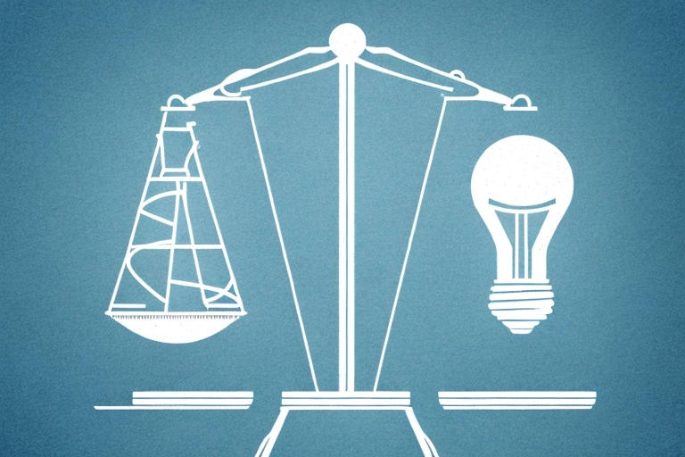A scale balancing a lightbulb (symbolizing an idea) and a legal gavel