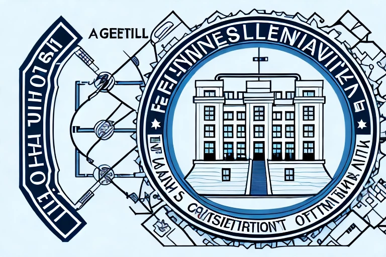 The general services administration building with various intellectual property symbols (like copyright