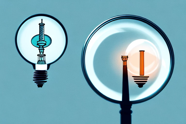 A magnifying glass examining a lightbulb (representing an idea)