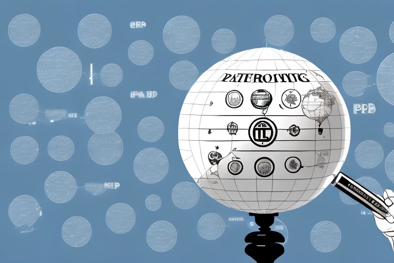 A globe with various intellectual property symbols (like patent