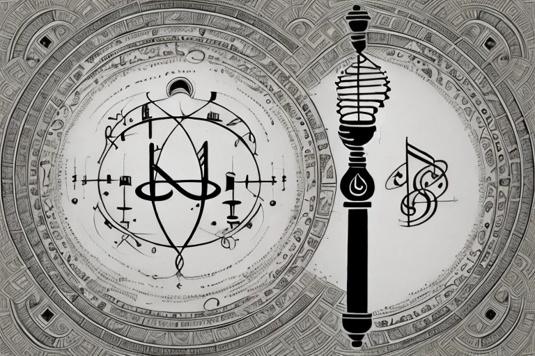 A balance scale with traditional spanish architecture on one side and various symbols of intellectual property such as a light bulb (for ideas)