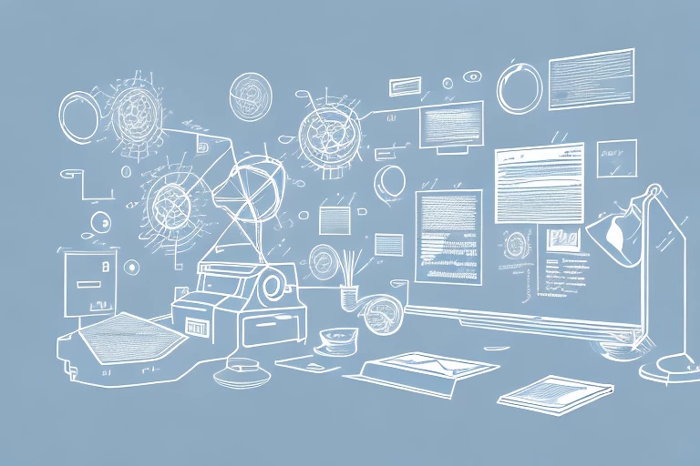 A symbolic office setting with various intellectual property items such as a patent