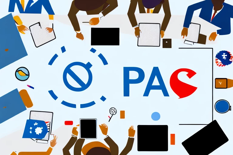 A pac meeting table with various intellectual property symbols like patent