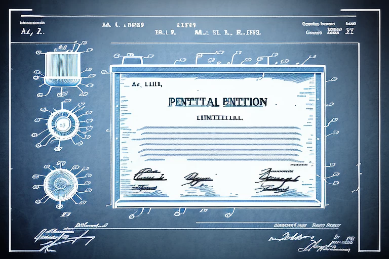 A patent certificate surrounded by various intellectual property symbols like a copyright sign