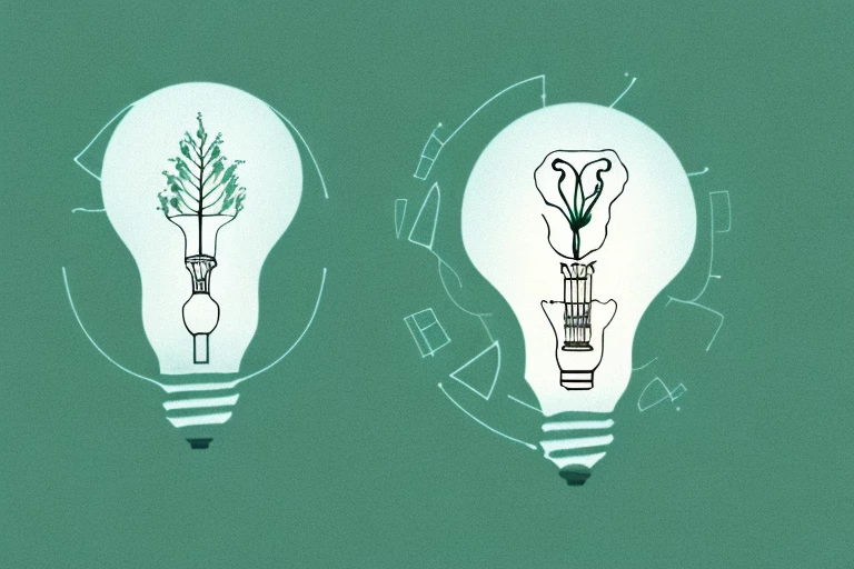 A plant inside a light bulb (representing an idea) with a legal scale balanced on its leaves