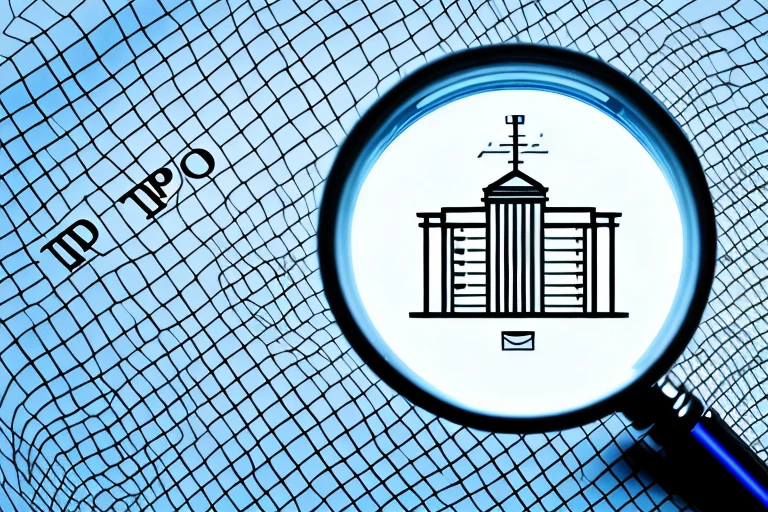 A magnifying glass hovering over a document filled with various intellectual property symbols like patents