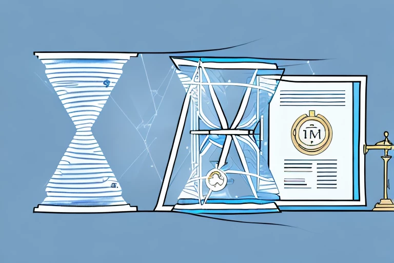 A sand hourglass with legal documents and a patent symbol on one side