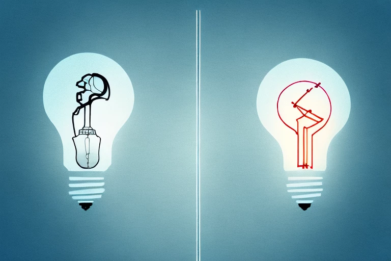 A balanced scale with a light bulb representing an idea on one side and a service mark symbol on the other