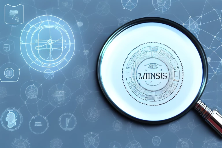 A magnifying glass hovering over a document filled with various intellectual property symbols like patents