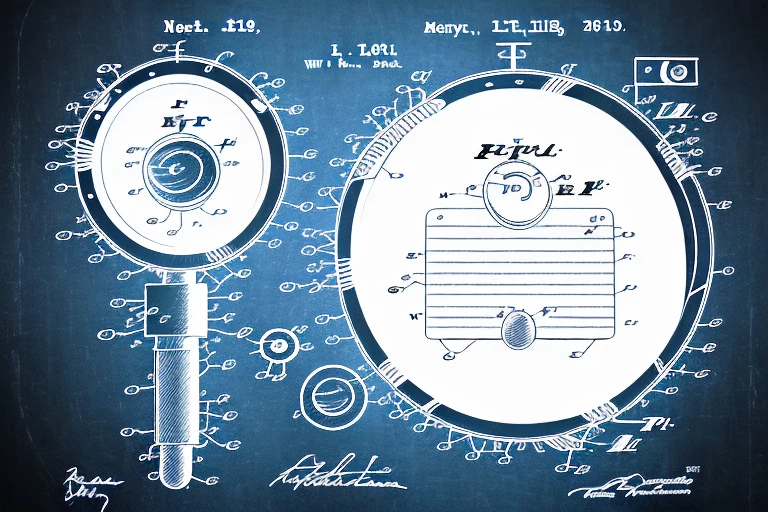 A patent document with a magnifying glass highlighting various intellectual property symbols such as a copyright sign