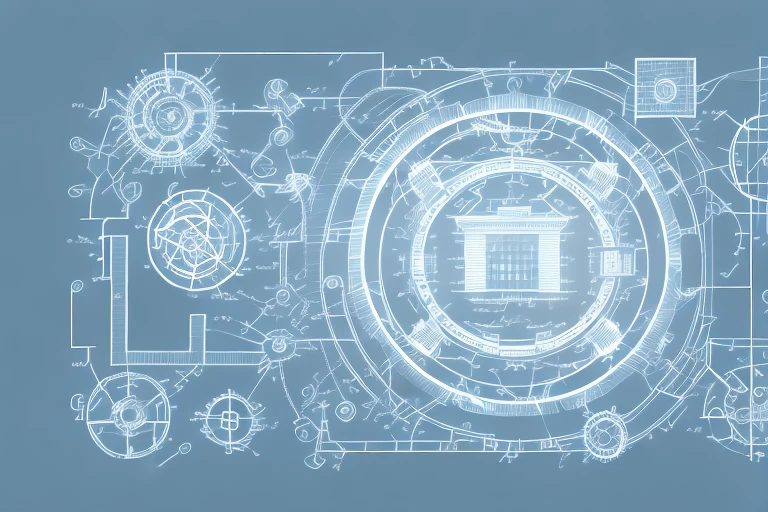 A technology center with various symbols like a patent icon