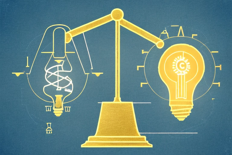 A scale balancing a lightbulb (representing ideas) and a gold coin (representing commerce)