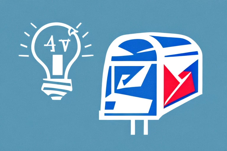 A usps mailbox with a light bulb hovering above it