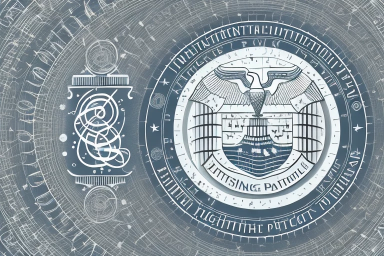The uspto building with various symbols of intellectual property like a light bulb (representing an idea)