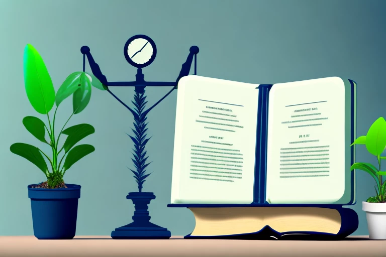 A stack of thick law books next to a growing plant symbolizing confidence