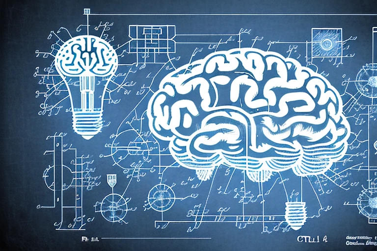 A brain with various patent-related symbols like a lightbulb (for ideas)