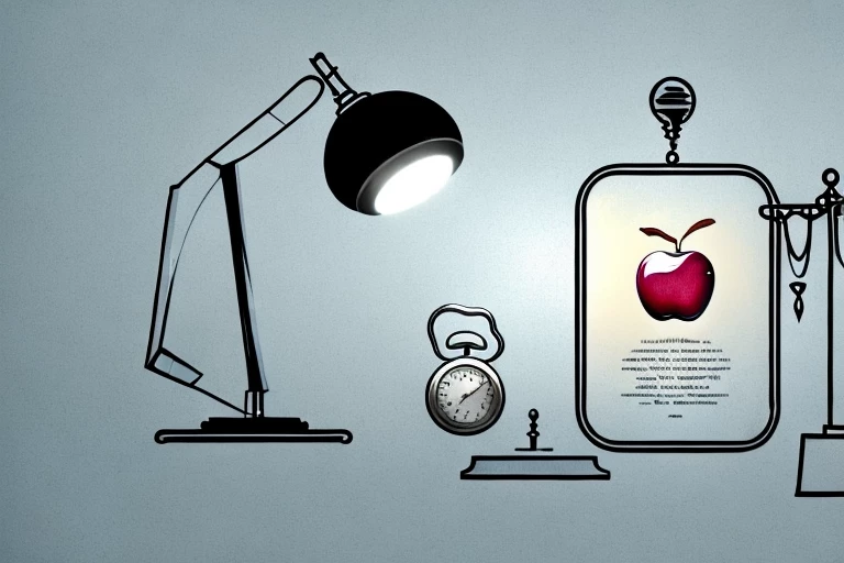 A balanced scale with symbolic elements like a book (representing the patent bar exam)