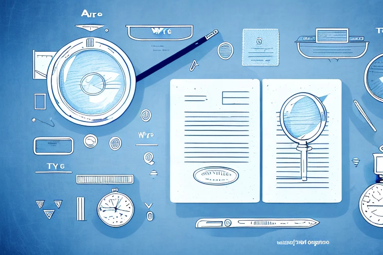 A magnifying glass hovering over a patent document and a stylized bar exam paper