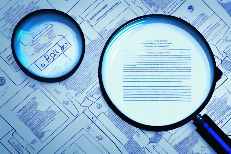 A magnifying glass hovering over a pile of official documents and patent certificates