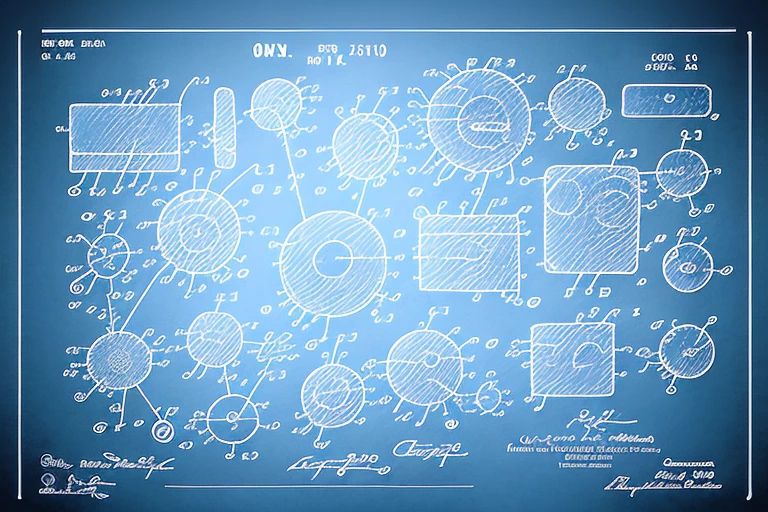 A consumer product surrounded by a series of abstract symbols representing different stages of the patent process