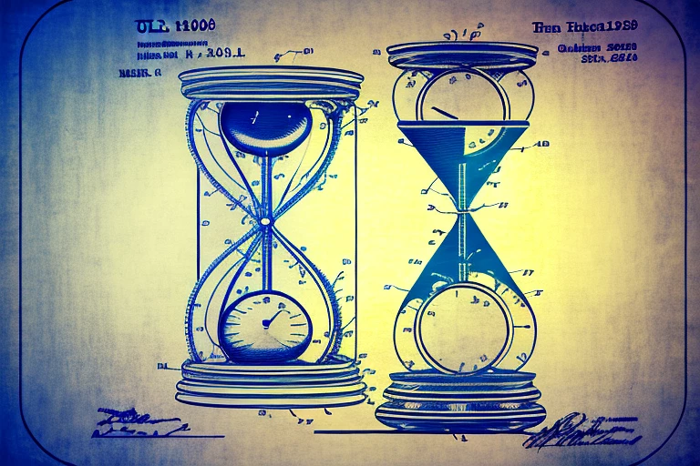 An hourglass next to a patent document