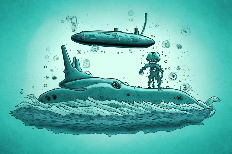 A submarine surfacing from the water and a zombie rising from the ground