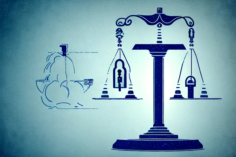 A balance scale with a trademark symbol on one side and a patent symbol on the other