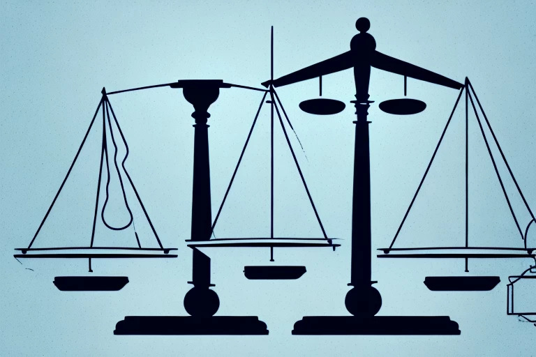 A balance scale with intellectual property symbols such as a patent